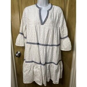 Tommy Bahama White Cotton Clip Embroidered Coverup Mini Dress Bell Sleeve Boho M